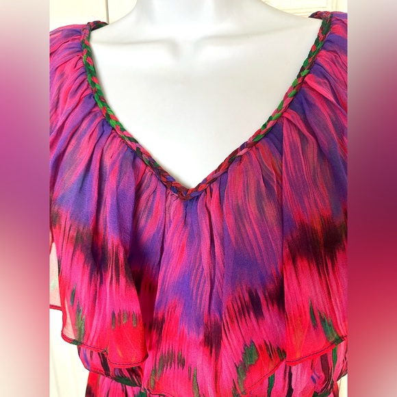 TRINA TURK Ruffle Dress Braided Neckline Colorful Eclectic Printed Jewel Tones - Picture 5 of 11
